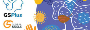 vector image including flowers with outline of woman wearing mask in foreground