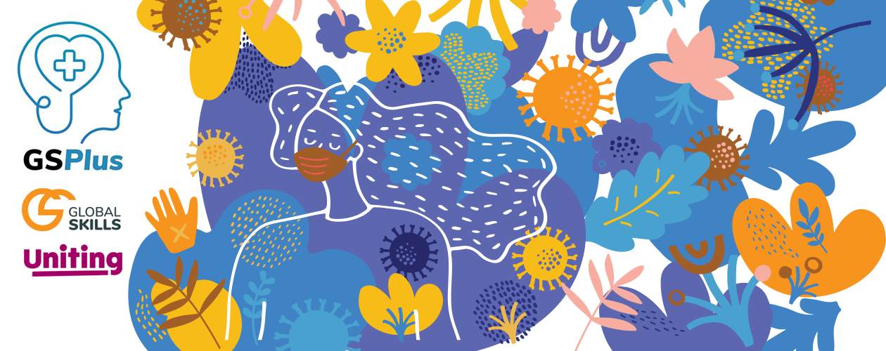 vector image including flowers with outline of woman wearing mask in foreground
