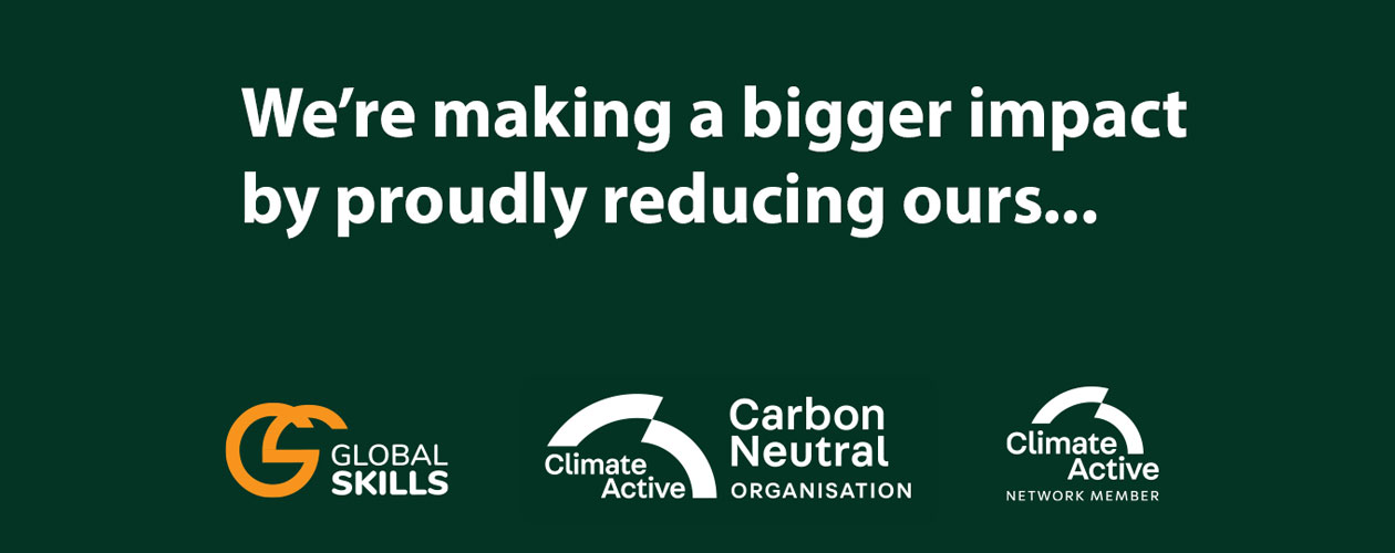 dark green background with words, 'we're making a bigger impact by proudly reducing ours...'