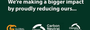 dark green background with words, 'we're making a bigger impact by proudly reducing ours...'