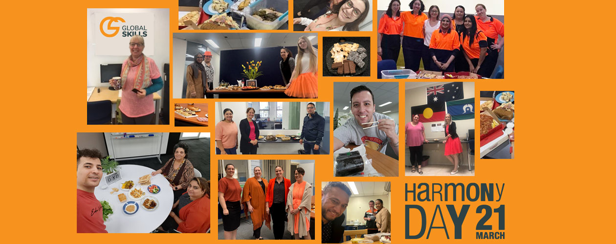 collage of staff across our sites wearing orange and sharing morning tea