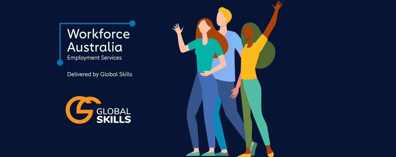 3 vector people walking towards Workforce Australia and Global Skills logos