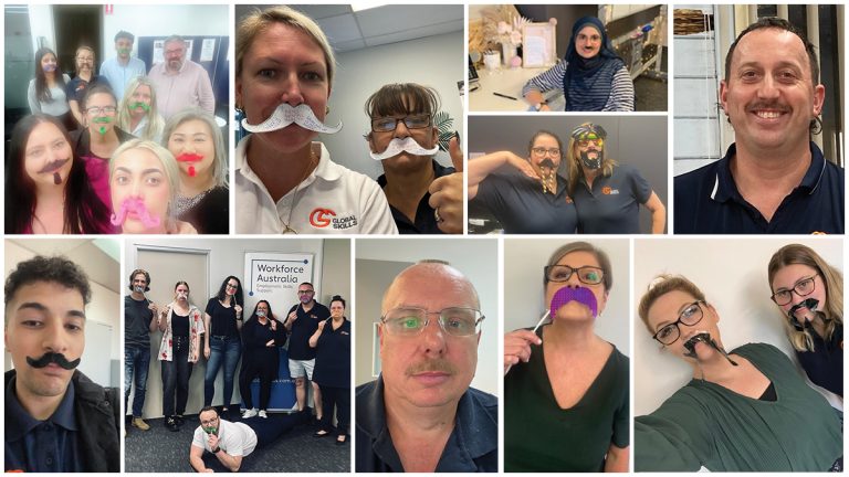 collage of Global Skills staff with moustaches. Some real, some crafted