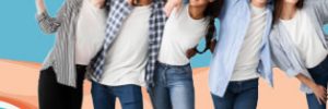 group of young people standing in a row with arms around each other