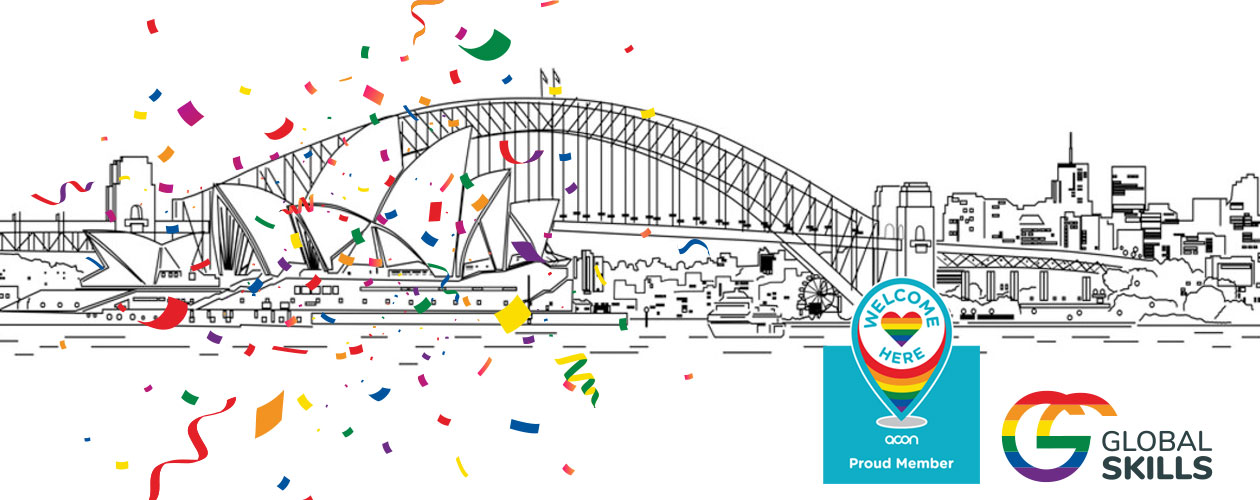 line drawing illustration of the Harbour Bridge and Opera House. Confetti in foreground