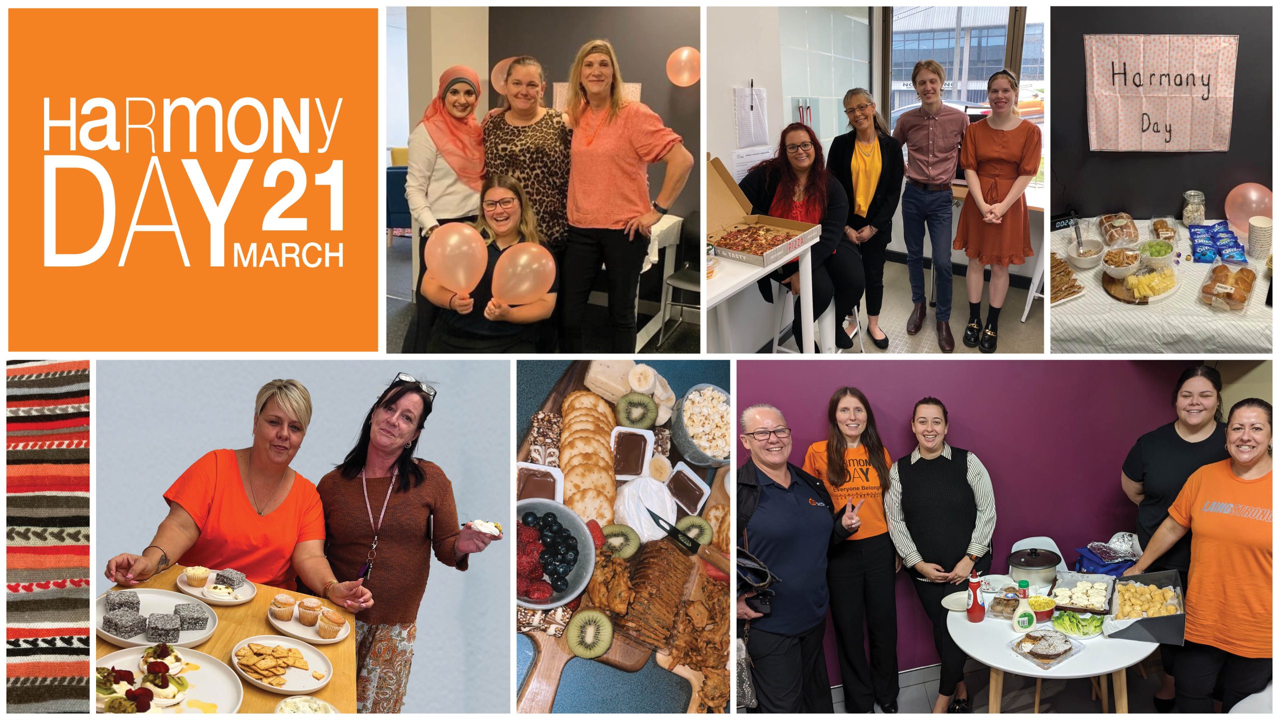 collage of staff wearing orange and sharing morning tea with their teams