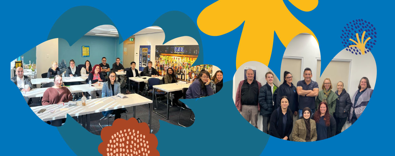 2 pics - 1. staff with MHFA trainer 2. staff sitting at desks