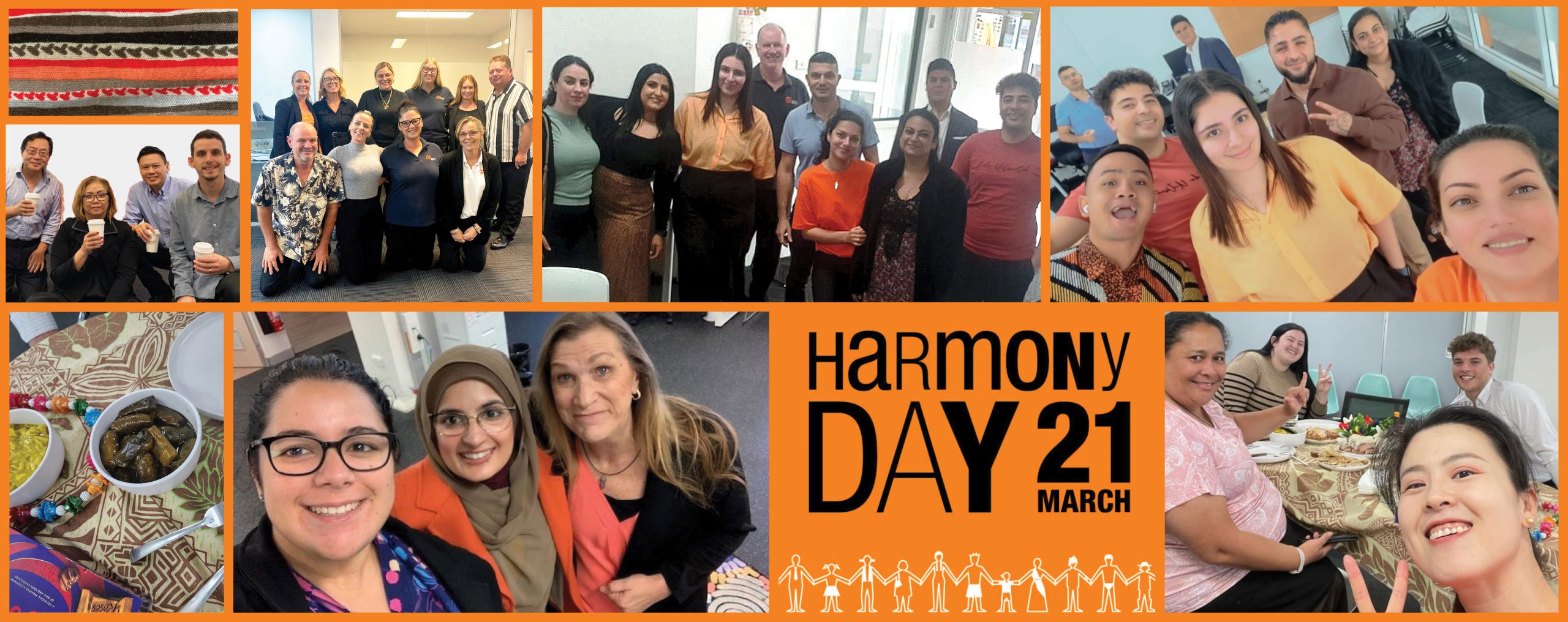 collage of our staff in orange with morning tea