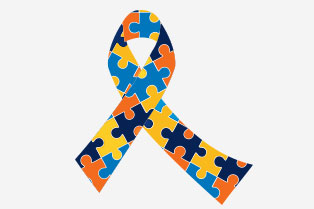 Autism ribbon made up of coloured jigsaw puzzle pieces