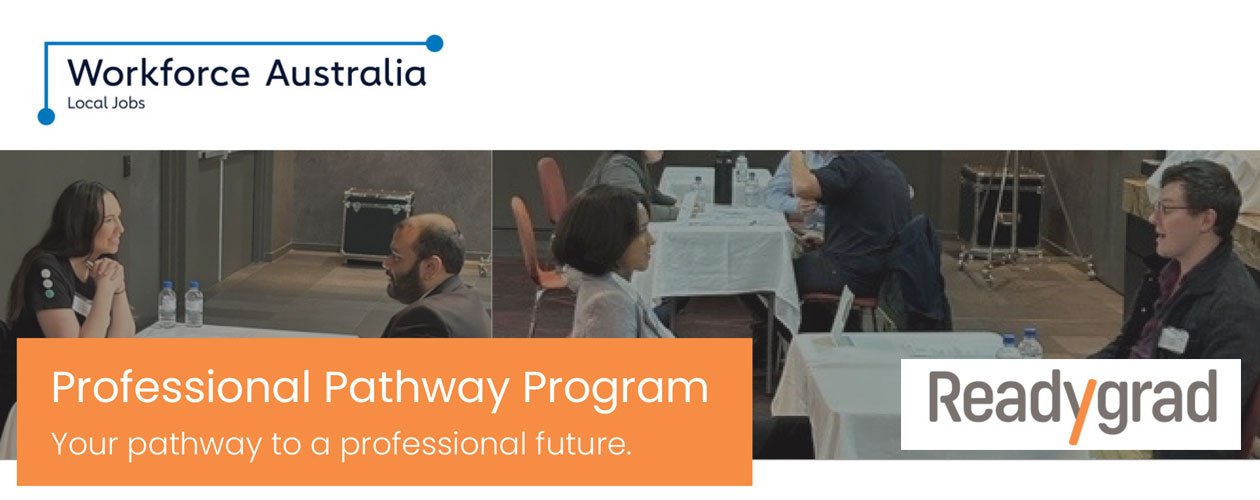 Readygrad flyer header including logo and pics of people talking