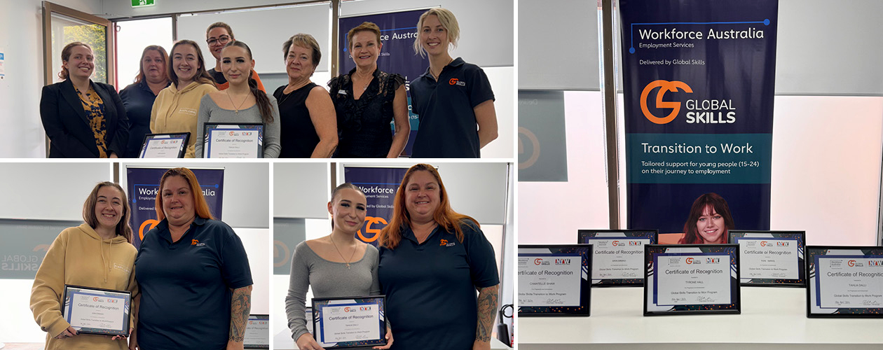 Collage including 2 young people holding their certificates, all five certificates in frames on a table