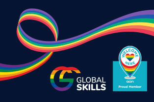 rainbow swirl on navy background. Includes our logo in rainbow colours and our "proud member of Acon's Welcome Here Project" logo.