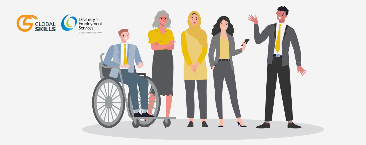 a vector image of 5 people, one is in a wheelchair