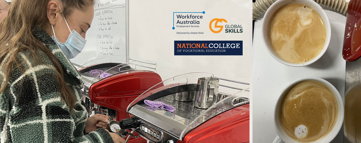 a student using a red coffee machine to make coffee