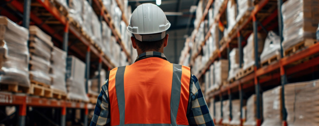 warehouse worker in warehouse setting with back to camera