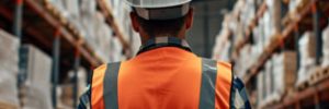 warehouse worker in warehouse setting with back to camera