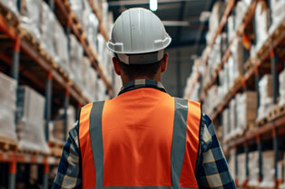 warehouse worker in warehouse setting with back to camera