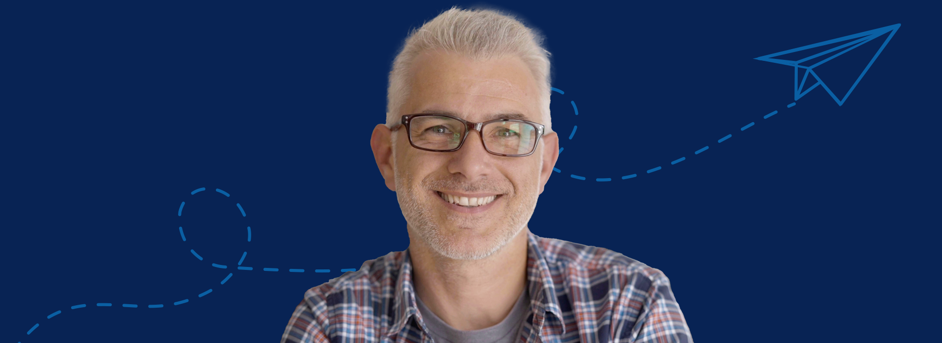 middle aged man with glasses on a navy blue background with vector paper plane design