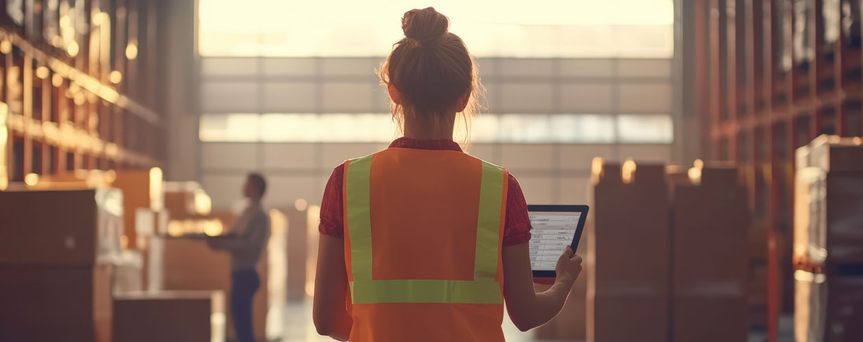 In a warehouse, a woman wearing an orange vest is focused on a tablet she is holding