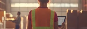 In a warehouse, a woman wearing an orange vest is focused on a tablet she is holding