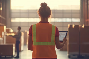 In a warehouse, a woman wearing an orange vest is focused on a tablet she is holding