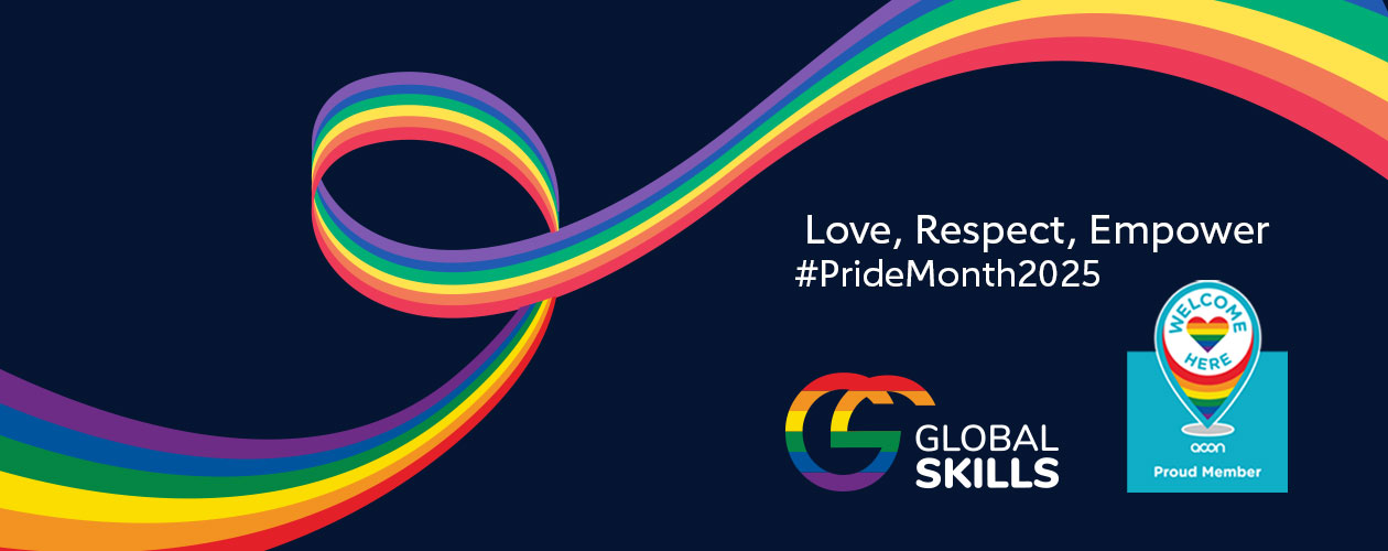 Rainbow swirl across a navy background. Includes Global Skills rainbow coloured logo and our Welcome Here membership badge