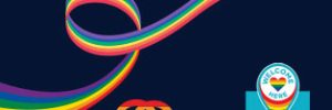 Rainbow swirl across a navy background. Includes Global Skills rainbow coloured logo and our Welcome Here membership badge