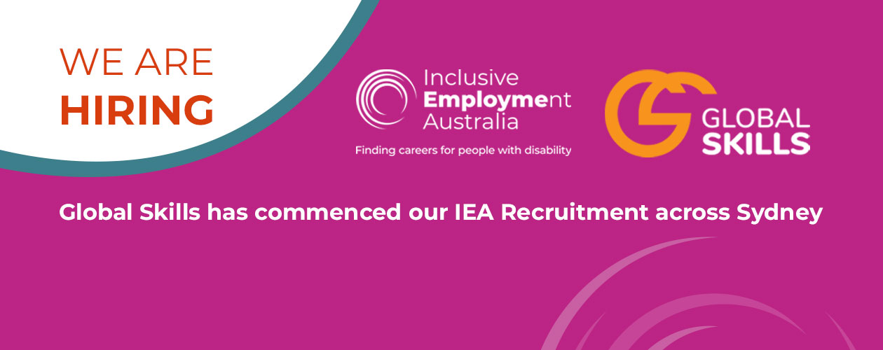 pink background with words 'we are hiring' and IEA and Global Skills logos