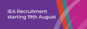 Purple background with Global Skills logo and text: 'IEA Recruitment starting 19th August'.
