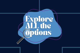 Navy blue background containing a flowchart with National Skills Week branding, a blue splash and magnifying glass