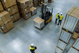 op view of a warehouse featuring a forklift operator and several workers