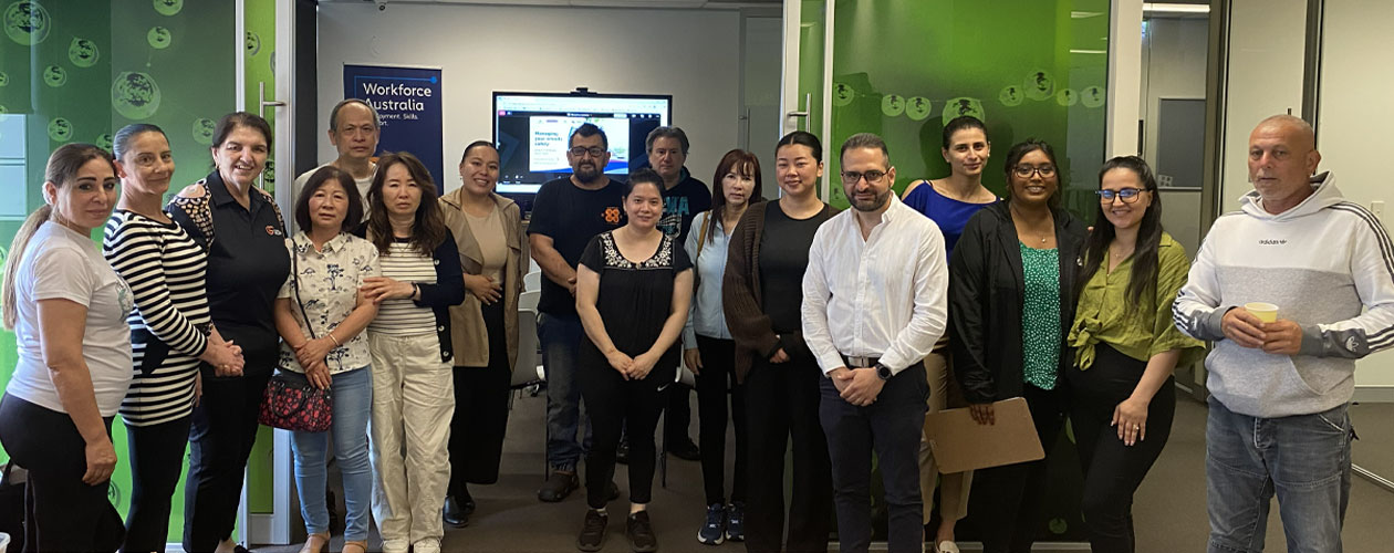 Global Skills participants and staff enjoying morning tea before the webinar. Image includes the ‘Get Online’ logo.