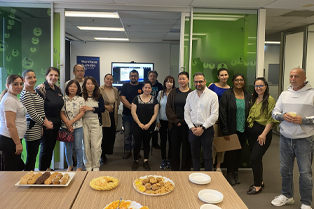 Global Skills participants and staff enjoying morning tea before the webinar. Image includes the ‘Get Online’ logo.