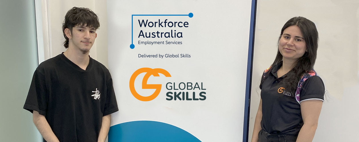 Mazin with his Employment Consultant, Jeena, standing beside Global Skills’ Workforce Australia banner