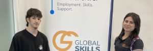 Mazin with his Employment Consultant, Jeena, standing beside Global Skills’ Workforce Australia banner