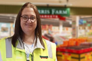 Nancie wearing a high-visibility Harris Farm Markets vest, smiling at the camera. Workforce Australia Global Skills logos appear at the bottom of the image.