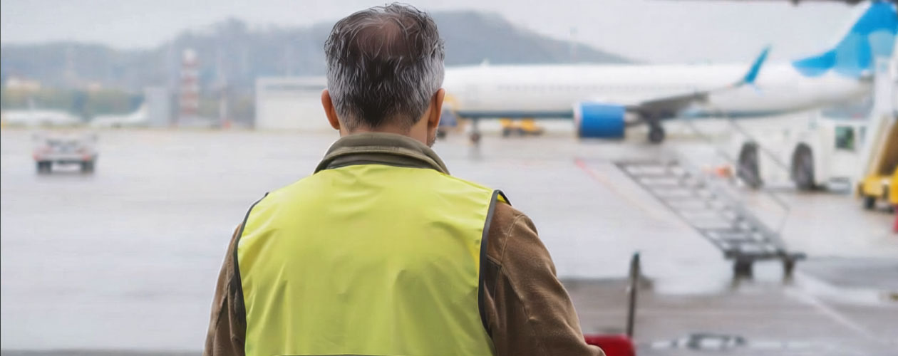 A worker in a high-visibility vest pushing a cleaning cart across an airport tarmac. Workforce Australia and Global Skills logos appear in the bottom right corner.