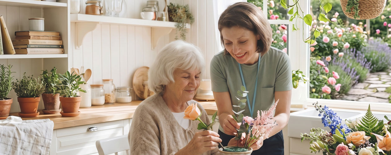 Older woman and support worker arranging flowers together,