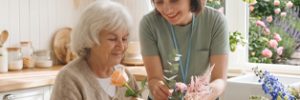 Older woman and support worker arranging flowers together.