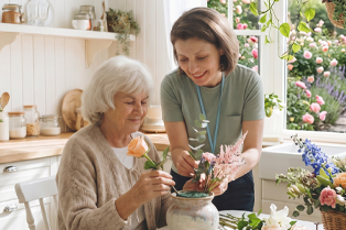 Older woman and support worker arranging flowers together.