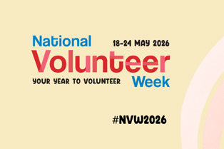 Graphic for National Volunteer Week 2026 with colourful wave designs and the text ‘18–24 May 2026 – Your Year to Volunteer’ and #NVW2026.