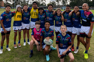 Group photo of the Minchinbury Jets Under 12 Division 1 team wearing their jerseys with the Global Skills logo on the front.