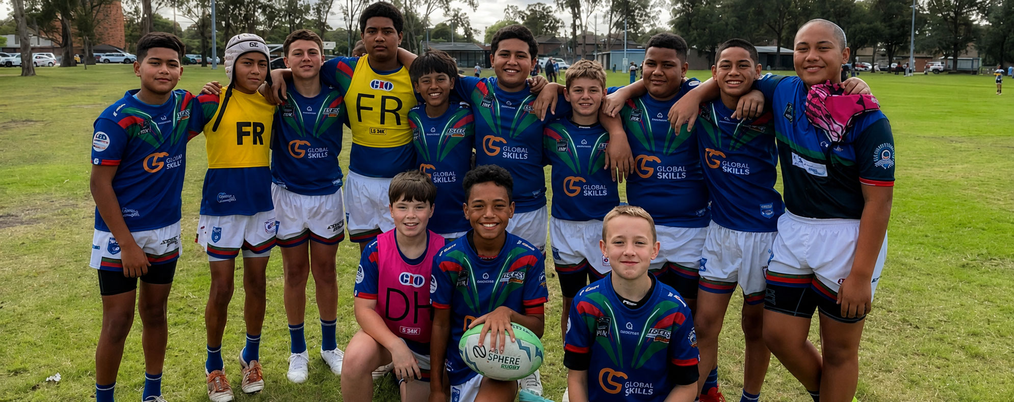 Group photo of the Minchinbury Jets Under 12 Division 1 team wearing their jerseys with the Global Skills logo on the front.
