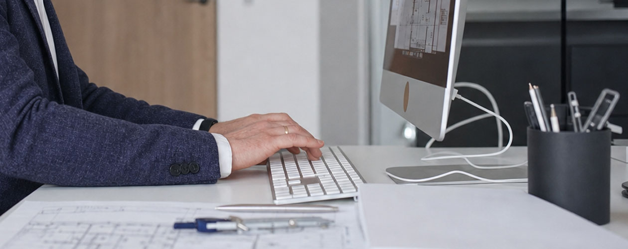 A person working at a desktop computer with architectural plans and drafting tools on a desk. Workforce Australia and Global Skills logos appear in the bottom right.