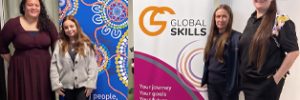 Global Skills CTA Trainer Inareta and Executive Manager Elizabeth with CDC NSW Recruitment Specialists Amanda and Jacqueline beside CDC NSW and Global Skills Inclusive Employment Australia banners.