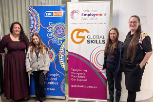 Global Skills CTA Trainer Inareta and Executive Manager Elizabeth with CDC NSW Recruitment Specialists Amanda and Jacqueline beside CDC NSW and Global Skills Inclusive Employment Australia banners.