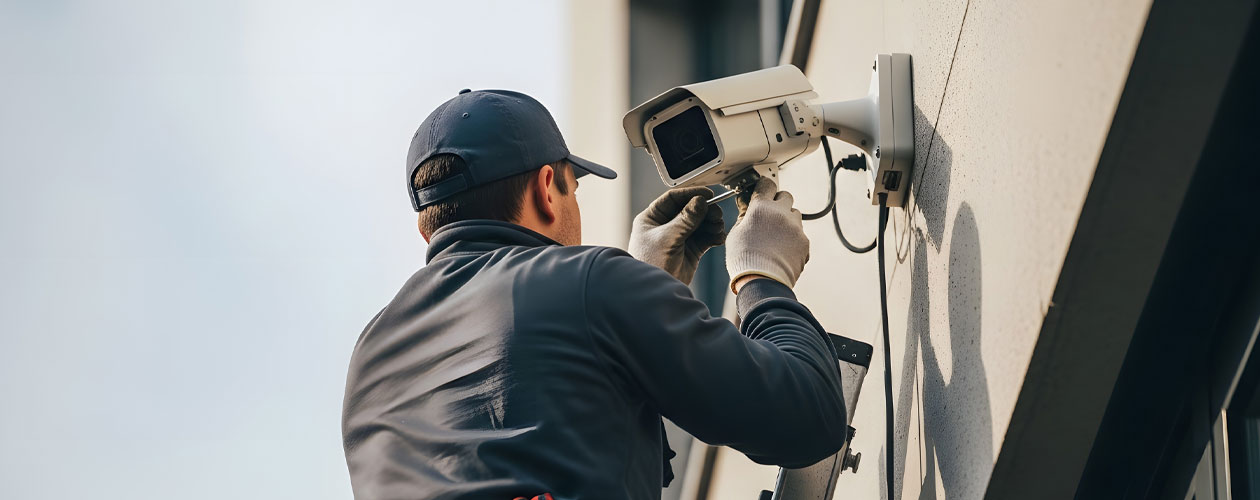 A man wearing a navy cap, dark work jacket and protective gloves is adjusting a security camera mounted on a wall. The image includes Inclusive Employment Australia and Global Skills logos in the top left corner against a teal background.