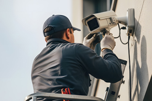 A man wearing a navy cap, dark work jacket and protective gloves is adjusting a security camera mounted on a wall. The image includes Inclusive Employment Australia and Global Skills logos in the top left corner against a teal background.