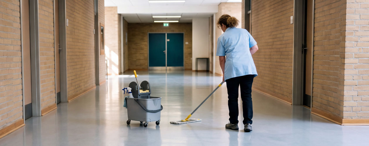 A cleaner in a blue uniform mops the floor of a school corridor, with a cleaning trolley beside her.