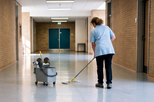 A cleaner in a blue uniform mops the floor of a school corridor, with a cleaning trolley beside her.